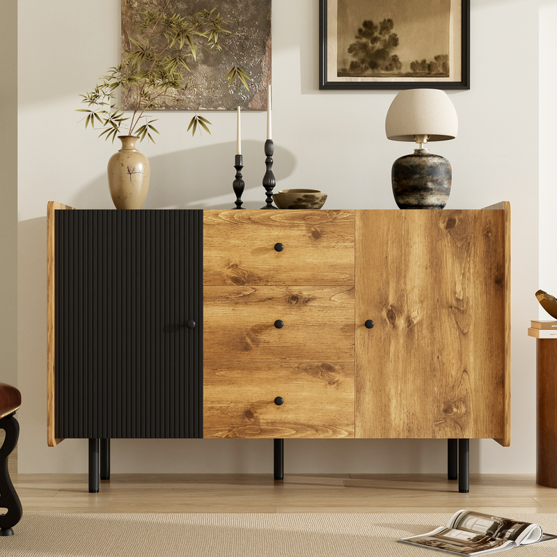 Buffet / Commode Moderne Noir & Bois avec 2 Portes, 3 Tiroirs et Pieds surélevés (120x40x75cm) KUCU