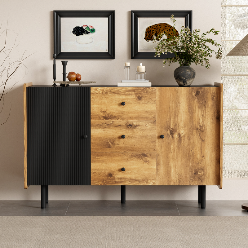 Buffet / Commode Moderne Noir & Bois avec 2 Portes, 3 Tiroirs et Pieds surélevés (120x40x75cm) KUCU