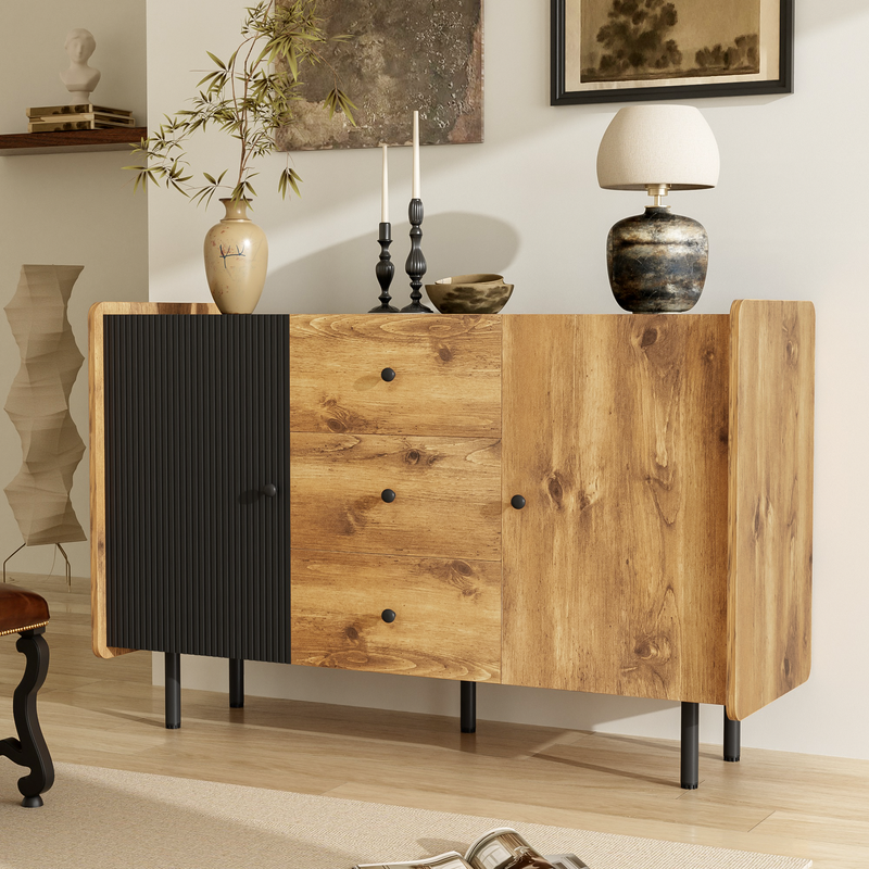 Buffet / Commode Moderne Noir & Bois avec 2 Portes, 3 Tiroirs et Pieds surélevés (120x40x75cm) KUCU