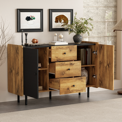 Buffet / Commode Moderne Noir & Bois avec 2 Portes, 3 Tiroirs et Pieds surélevés (120x40x75cm) KUCU