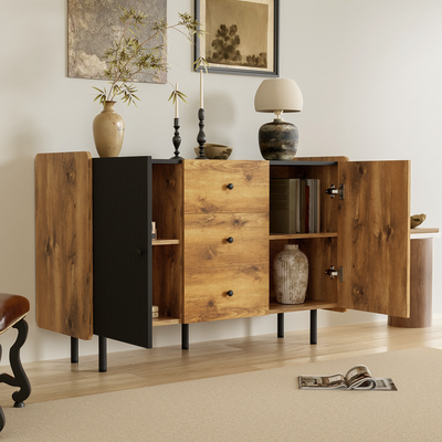 Buffet / Commode Moderne Noir & Bois avec 2 Portes, 3 Tiroirs et Pieds surélevés (120x40x75cm) KUCU