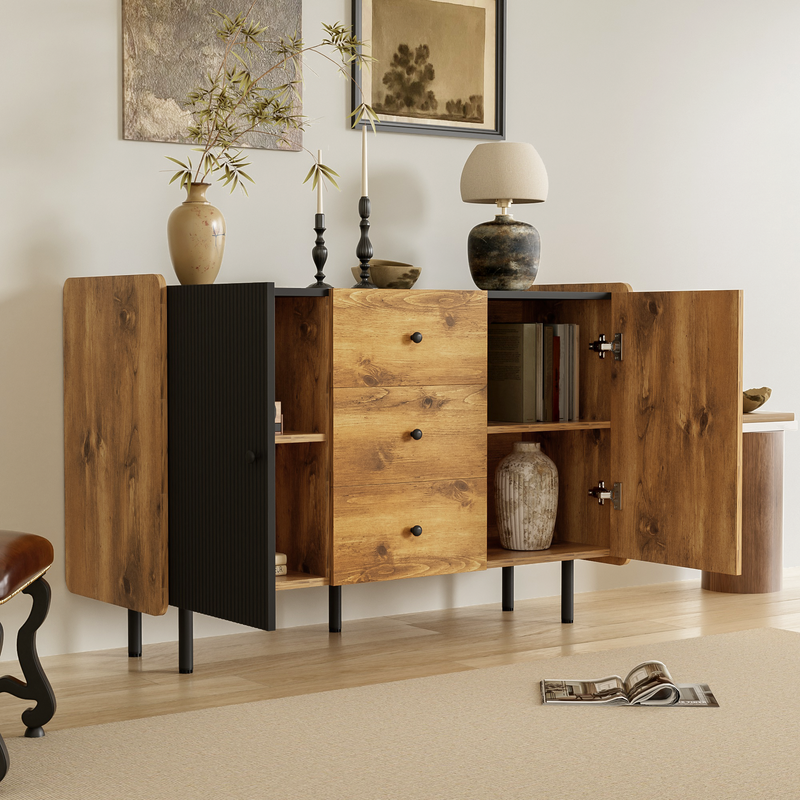 Buffet / Commode Moderne Noir & Bois avec 2 Portes, 3 Tiroirs et Pieds surélevés (120x40x75cm) KUCU