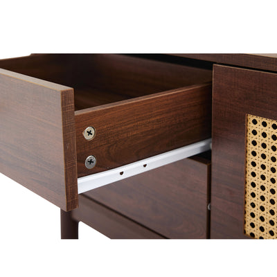 Meuble TV Marron Foncé de 180 cm avec Portes en Rotin, 4 Tiroirs et Gestion des Câbles (Pour TV jusqu'à 80 pouces) KUQON