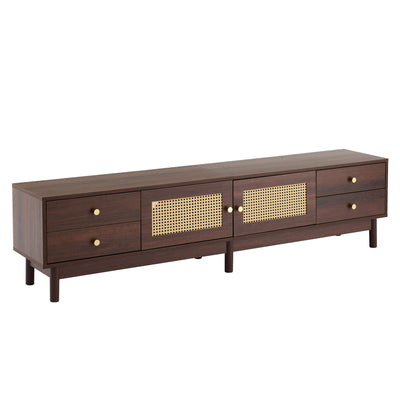 Meuble TV Marron Foncé de 180 cm avec Portes en Rotin, 4 Tiroirs et Gestion des Câbles (Pour TV jusqu'à 80 pouces) KUQON