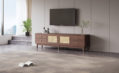 Meuble TV Marron Foncé de 180 cm avec Portes en Rotin, 4 Tiroirs et Gestion des Câbles (Pour TV jusqu'à 80 pouces) KUQON