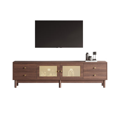 Meuble TV Marron Foncé de 180 cm avec Portes en Rotin, 4 Tiroirs et Gestion des Câbles (Pour TV jusqu'à 80 pouces) KUQON