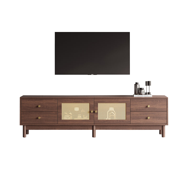 Meuble TV Marron Foncé de 180 cm avec Portes en Rotin, 4 Tiroirs et Gestion des Câbles (Pour TV jusqu&