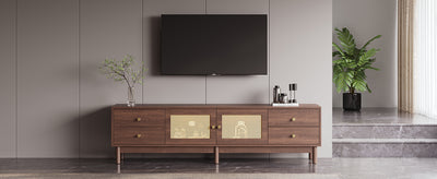 Meuble TV Marron Foncé de 180 cm avec Portes en Rotin, 4 Tiroirs et Gestion des Câbles (Pour TV jusqu'à 80 pouces) KUQON