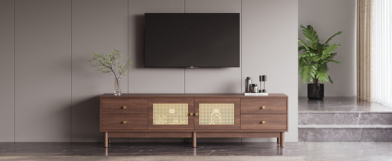 Meuble TV Marron Foncé de 180 cm avec Portes en Rotin, 4 Tiroirs et Gestion des Câbles (Pour TV jusqu&