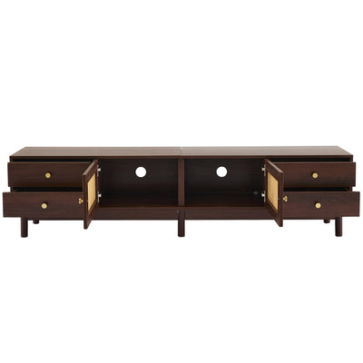 Meuble TV Marron Foncé de 180 cm avec Portes en Rotin, 4 Tiroirs et Gestion des Câbles (Pour TV jusqu'à 80 pouces) KUQON