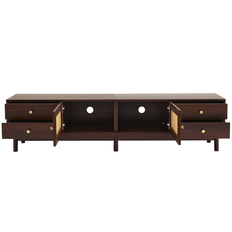 Meuble TV Marron Foncé de 180 cm avec Portes en Rotin, 4 Tiroirs et Gestion des Câbles (Pour TV jusqu&