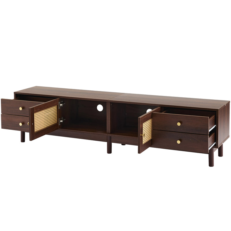 Meuble TV Marron Foncé de 180 cm avec Portes en Rotin, 4 Tiroirs et Gestion des Câbles (Pour TV jusqu&