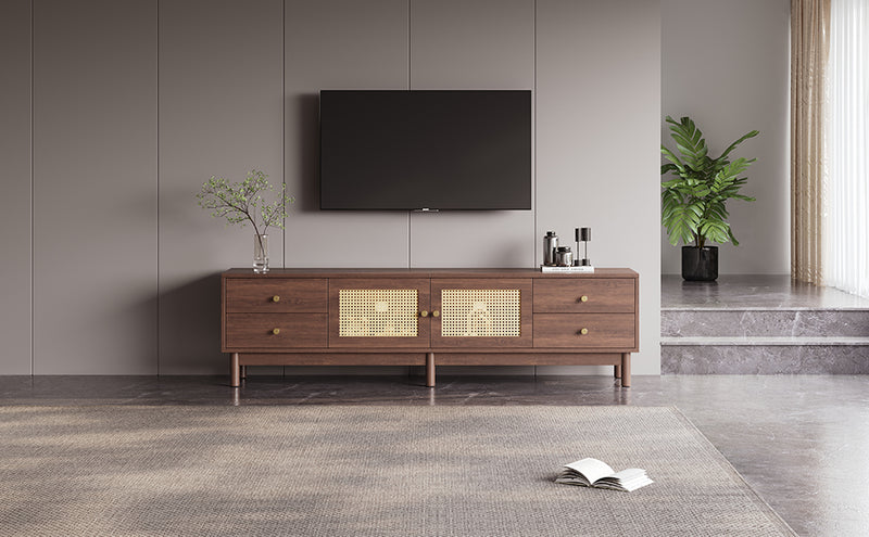Meuble TV Marron Foncé de 180 cm avec Portes en Rotin, 4 Tiroirs et Gestion des Câbles (Pour TV jusqu&