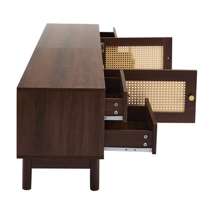 Meuble TV Marron Foncé de 180 cm avec Portes en Rotin, 4 Tiroirs et Gestion des Câbles (Pour TV jusqu'à 80 pouces) KUQON