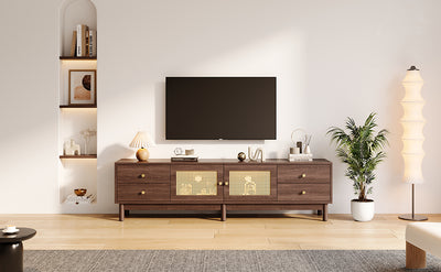 Meuble TV Marron Foncé de 180 cm avec Portes en Rotin, 4 Tiroirs et Gestion des Câbles (Pour TV jusqu'à 80 pouces) KUQON
