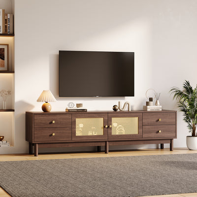 Meuble TV Marron Foncé de 180 cm avec Portes en Rotin, 4 Tiroirs et Gestion des Câbles (Pour TV jusqu'à 80 pouces) KUQON