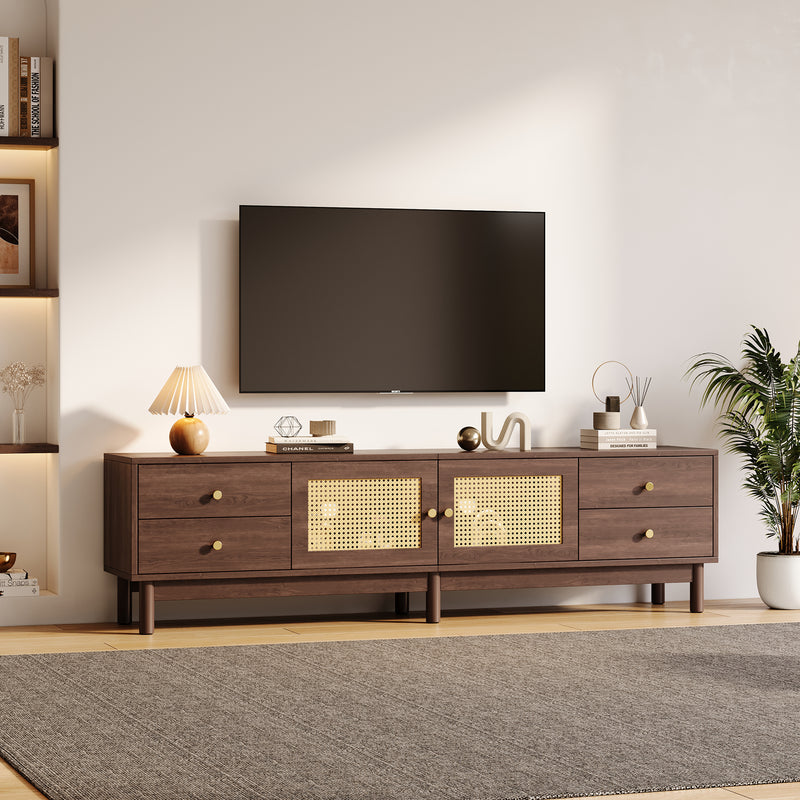 Meuble TV Marron Foncé de 180 cm avec Portes en Rotin, 4 Tiroirs et Gestion des Câbles (Pour TV jusqu&