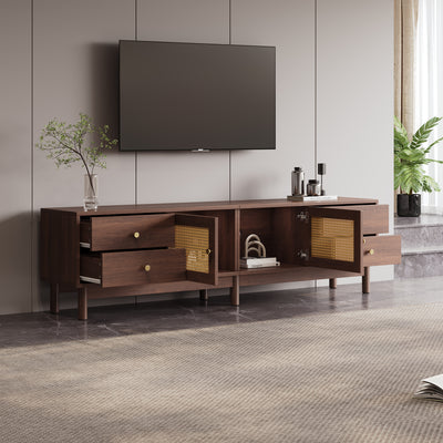 Meuble TV Marron Foncé de 180 cm avec Portes en Rotin, 4 Tiroirs et Gestion des Câbles (Pour TV jusqu'à 80 pouces) KUQON