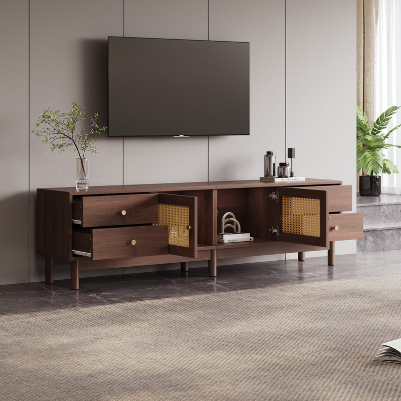 Meuble TV Marron Foncé de 180 cm avec Portes en Rotin, 4 Tiroirs et Gestion des Câbles (Pour TV jusqu&
