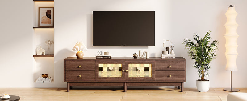 Meuble TV Marron Foncé de 180 cm avec Portes en Rotin, 4 Tiroirs et Gestion des Câbles (Pour TV jusqu&