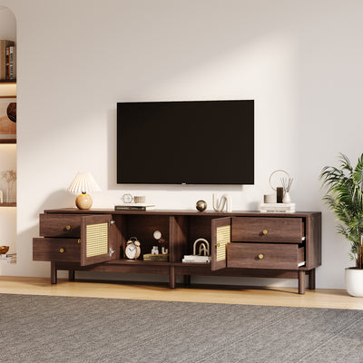 Meuble TV Marron Foncé de 180 cm avec Portes en Rotin, 4 Tiroirs et Gestion des Câbles (Pour TV jusqu'à 80 pouces) KUQON