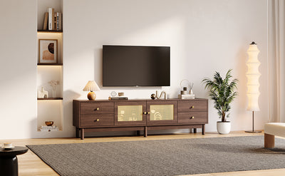 Meuble TV Marron Foncé de 180 cm avec Portes en Rotin, 4 Tiroirs et Gestion des Câbles (Pour TV jusqu'à 80 pouces) KUQON