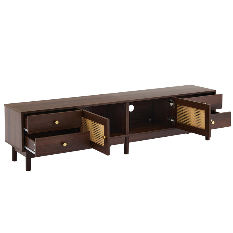 Meuble TV Marron Foncé de 180 cm avec Portes en Rotin, 4 Tiroirs et Gestion des Câbles (Pour TV jusqu&