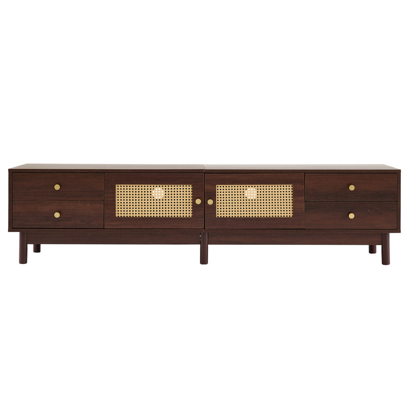 Meuble TV Marron Foncé de 180 cm avec Portes en Rotin, 4 Tiroirs et Gestion des Câbles (Pour TV jusqu&