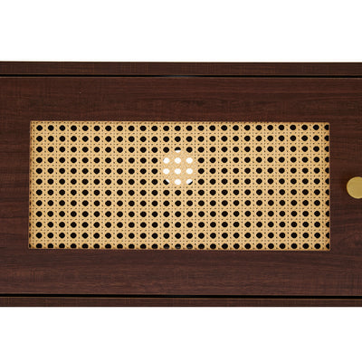 Meuble TV Marron Foncé de 180 cm avec Portes en Rotin, 4 Tiroirs et Gestion des Câbles (Pour TV jusqu'à 80 pouces) KUQON