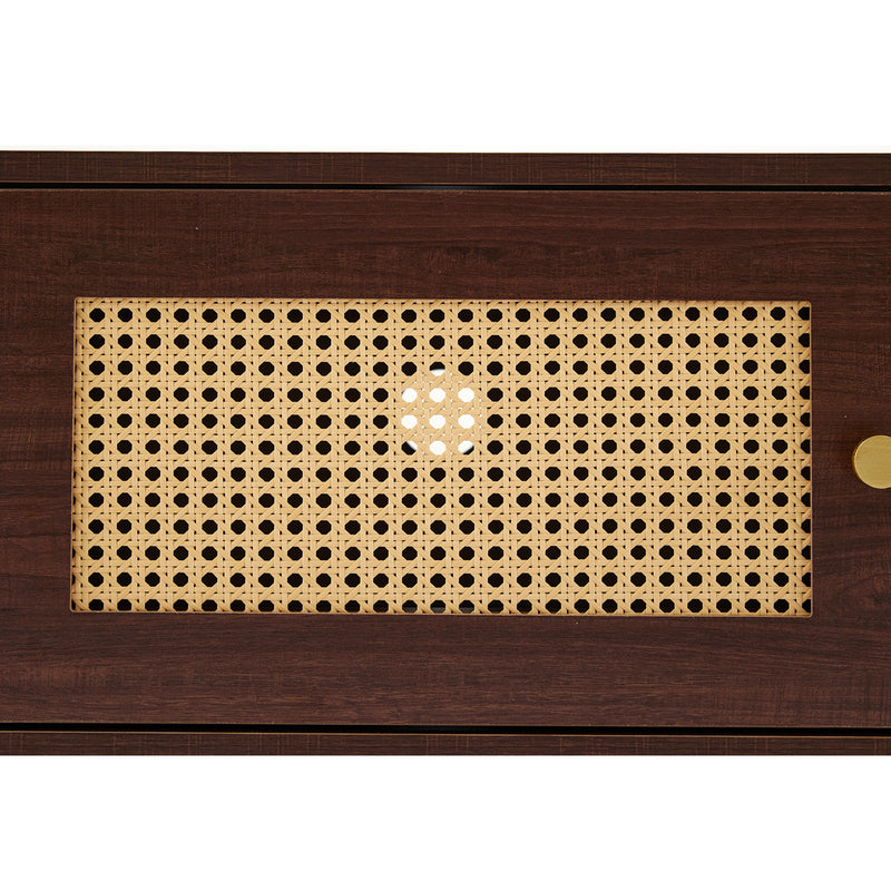 Meuble TV Marron Foncé de 180 cm avec Portes en Rotin, 4 Tiroirs et Gestion des Câbles (Pour TV jusqu&
