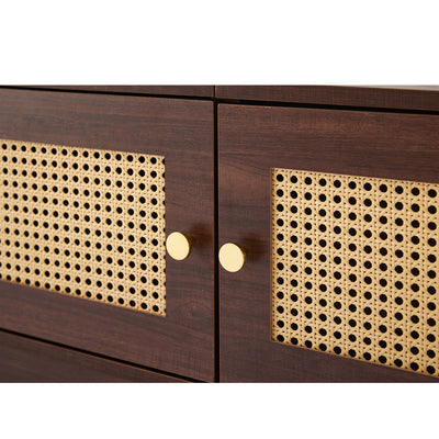 Meuble TV Marron Foncé de 180 cm avec Portes en Rotin, 4 Tiroirs et Gestion des Câbles (Pour TV jusqu'à 80 pouces) KUQON