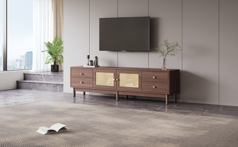Meuble TV Marron Foncé de 180 cm avec Portes en Rotin, 4 Tiroirs et Gestion des Câbles (Pour TV jusqu&