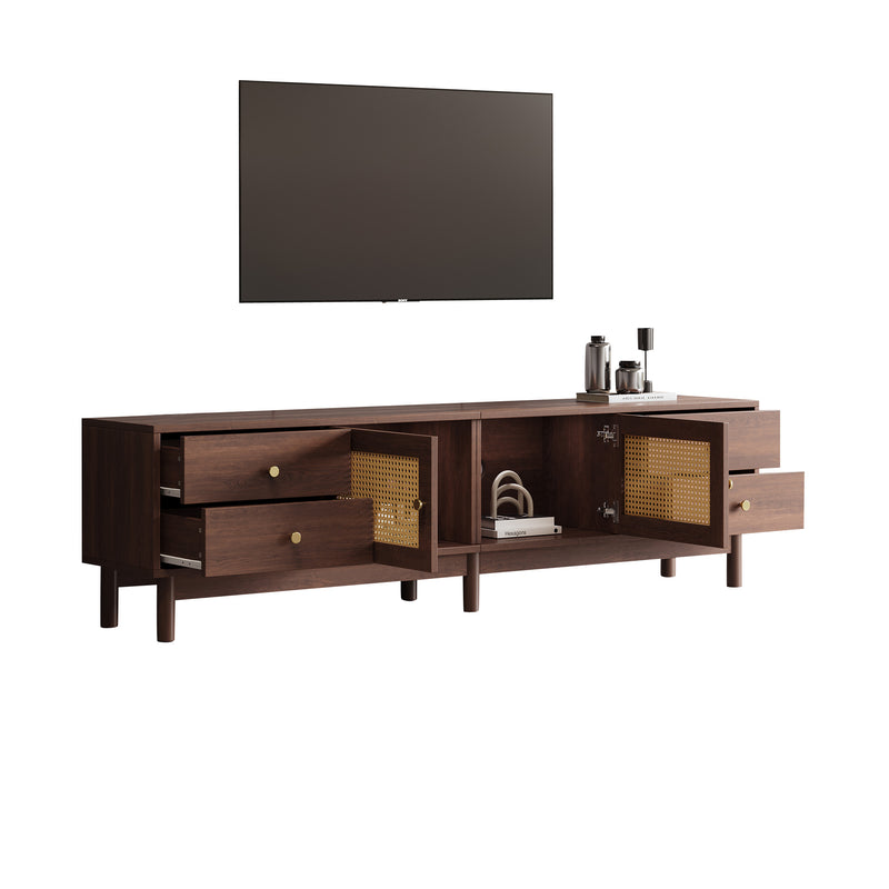 Meuble TV Marron Foncé de 180 cm avec Portes en Rotin, 4 Tiroirs et Gestion des Câbles (Pour TV jusqu&