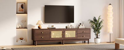 Meuble TV Marron Foncé de 180 cm avec Portes en Rotin, 4 Tiroirs et Gestion des Câbles (Pour TV jusqu'à 80 pouces) KUQON