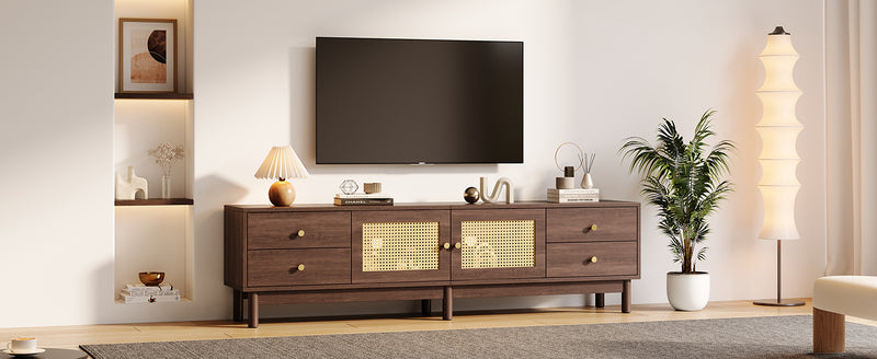 Meuble TV Marron Foncé de 180 cm avec Portes en Rotin, 4 Tiroirs et Gestion des Câbles (Pour TV jusqu&