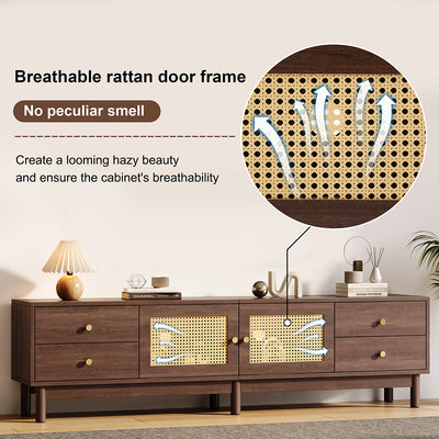 Meuble TV Marron Foncé de 180 cm avec Portes en Rotin, 4 Tiroirs et Gestion des Câbles (Pour TV jusqu'à 80 pouces) KUQON