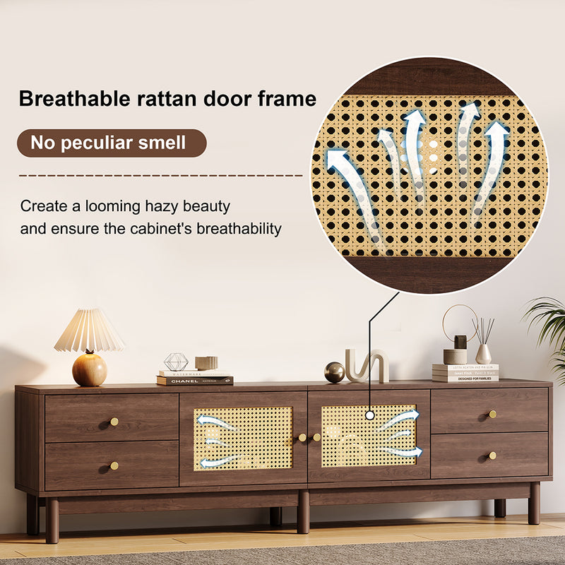 Meuble TV Marron Foncé de 180 cm avec Portes en Rotin, 4 Tiroirs et Gestion des Câbles (Pour TV jusqu&