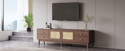 Meuble TV Marron Foncé de 180 cm avec Portes en Rotin, 4 Tiroirs et Gestion des Câbles (Pour TV jusqu'à 80 pouces) KUQON