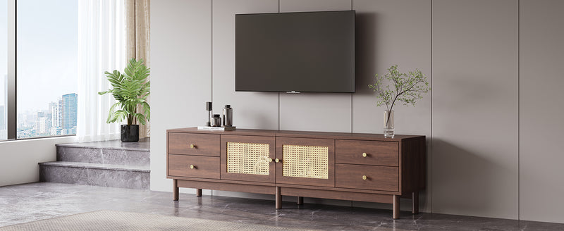 Meuble TV Marron Foncé de 180 cm avec Portes en Rotin, 4 Tiroirs et Gestion des Câbles (Pour TV jusqu&