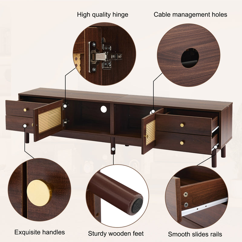Meuble TV Marron Foncé de 180 cm avec Portes en Rotin, 4 Tiroirs et Gestion des Câbles (Pour TV jusqu&