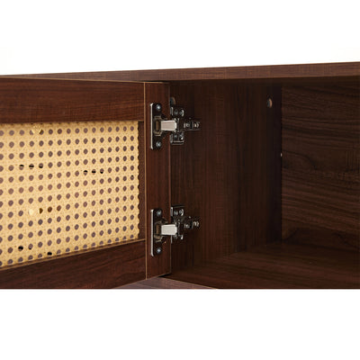 Meuble TV Marron Foncé de 180 cm avec Portes en Rotin, 4 Tiroirs et Gestion des Câbles (Pour TV jusqu'à 80 pouces) KUQON
