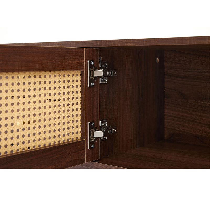 Meuble TV Marron Foncé de 180 cm avec Portes en Rotin, 4 Tiroirs et Gestion des Câbles (Pour TV jusqu&