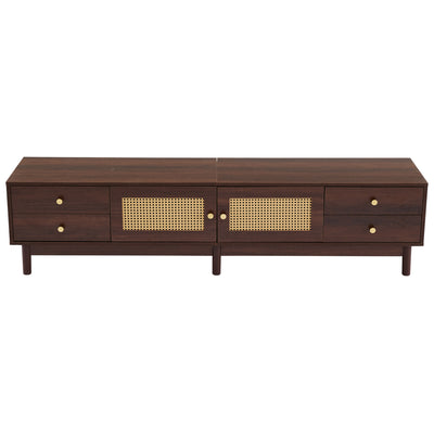 Meuble TV Marron Foncé de 180 cm avec Portes en Rotin, 4 Tiroirs et Gestion des Câbles (Pour TV jusqu'à 80 pouces) KUQON