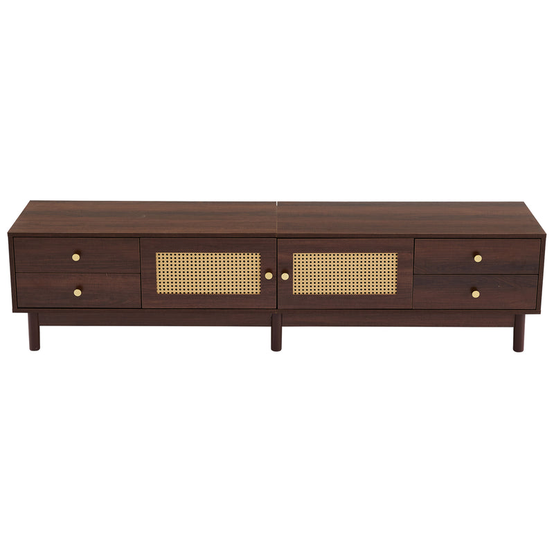 Meuble TV Marron Foncé de 180 cm avec Portes en Rotin, 4 Tiroirs et Gestion des Câbles (Pour TV jusqu&