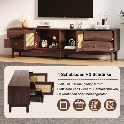 Meuble TV Marron Foncé de 180 cm avec Portes en Rotin, 4 Tiroirs et Gestion des Câbles (Pour TV jusqu'à 80 pouces) KUQON