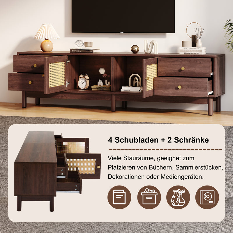 Meuble TV Marron Foncé de 180 cm avec Portes en Rotin, 4 Tiroirs et Gestion des Câbles (Pour TV jusqu&