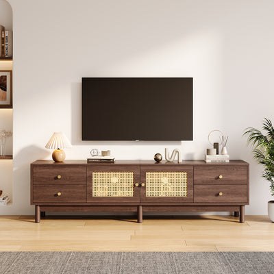 Meuble TV Marron Foncé de 180 cm avec Portes en Rotin, 4 Tiroirs et Gestion des Câbles (Pour TV jusqu'à 80 pouces) KUQON