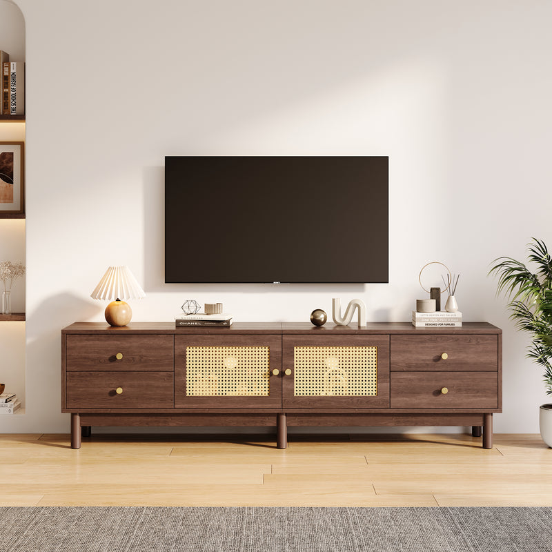 Meuble TV Marron Foncé de 180 cm avec Portes en Rotin, 4 Tiroirs et Gestion des Câbles (Pour TV jusqu&