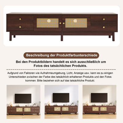Meuble TV Marron Foncé de 180 cm avec Portes en Rotin, 4 Tiroirs et Gestion des Câbles (Pour TV jusqu'à 80 pouces) KUQON