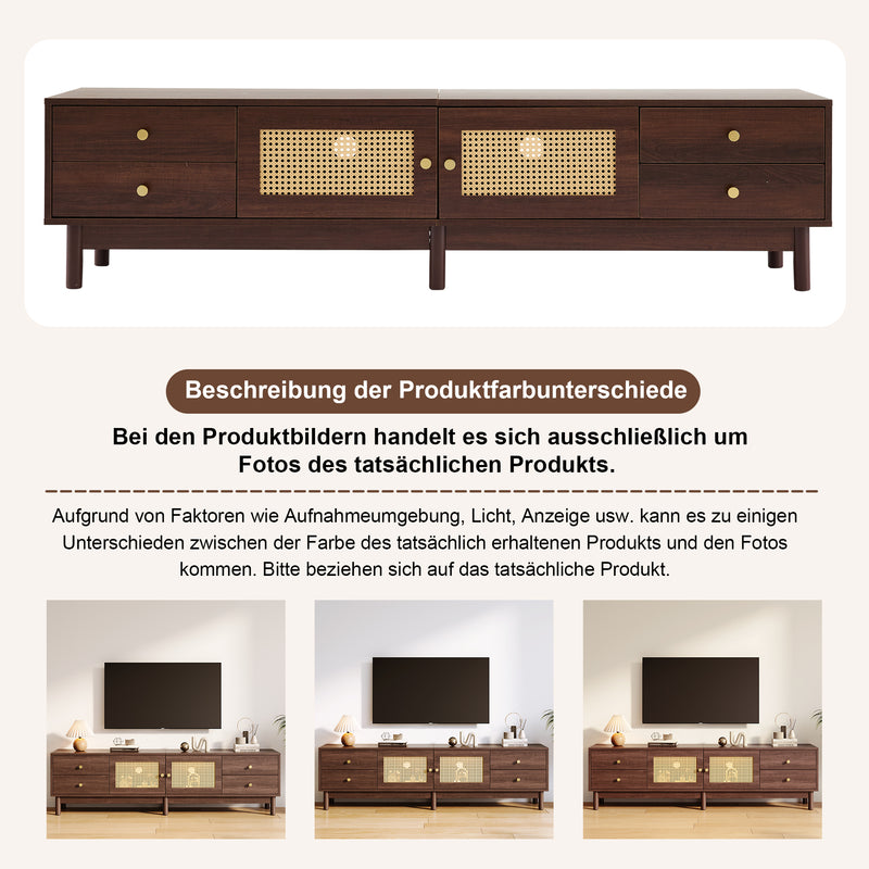 Meuble TV Marron Foncé de 180 cm avec Portes en Rotin, 4 Tiroirs et Gestion des Câbles (Pour TV jusqu&